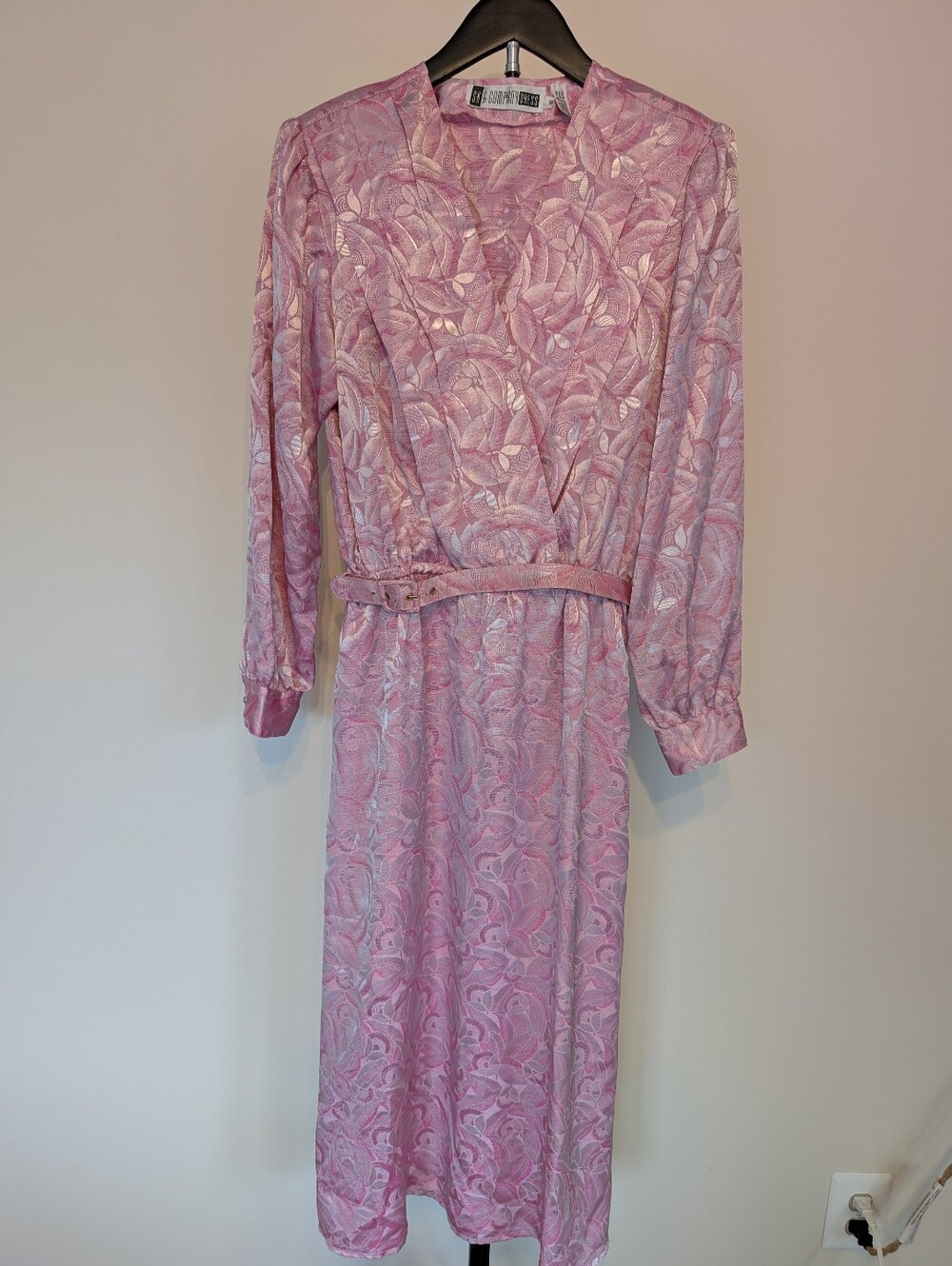 Vintage 80s/early 90s SK & Company Pink Jacquard Belted Midi Dress Size 10